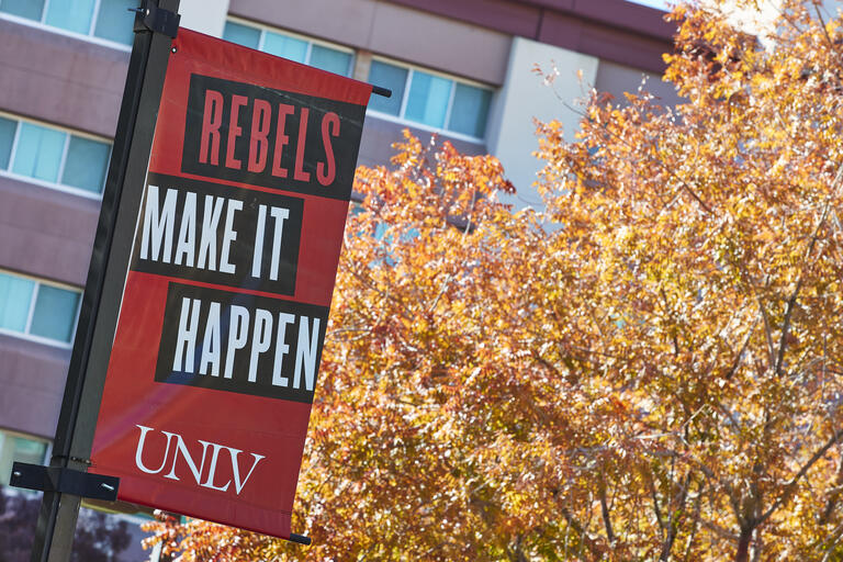 Image of outdoor pole sign with words &quot;Rebels Make it Happen&quot;