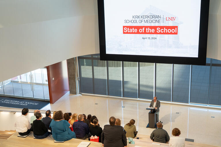 Marc J. Kahn, MD, MBA, dean of the Kirk Kerkorian School of Medicine, giving his State of the School Address on April 15, 2024.